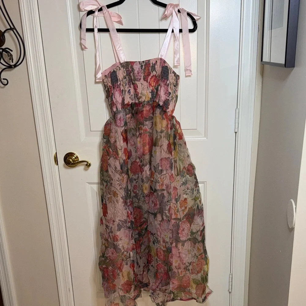 SHEIN Pink Floral Midi Dress with Ribbon Straps - Picture 5 of 5